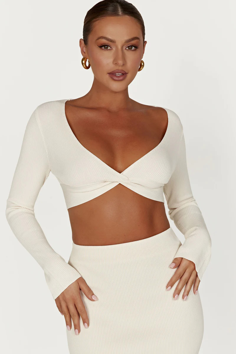 Kaesha Long Sleeve Twist Front Knit Top - Bone | MESHKI US