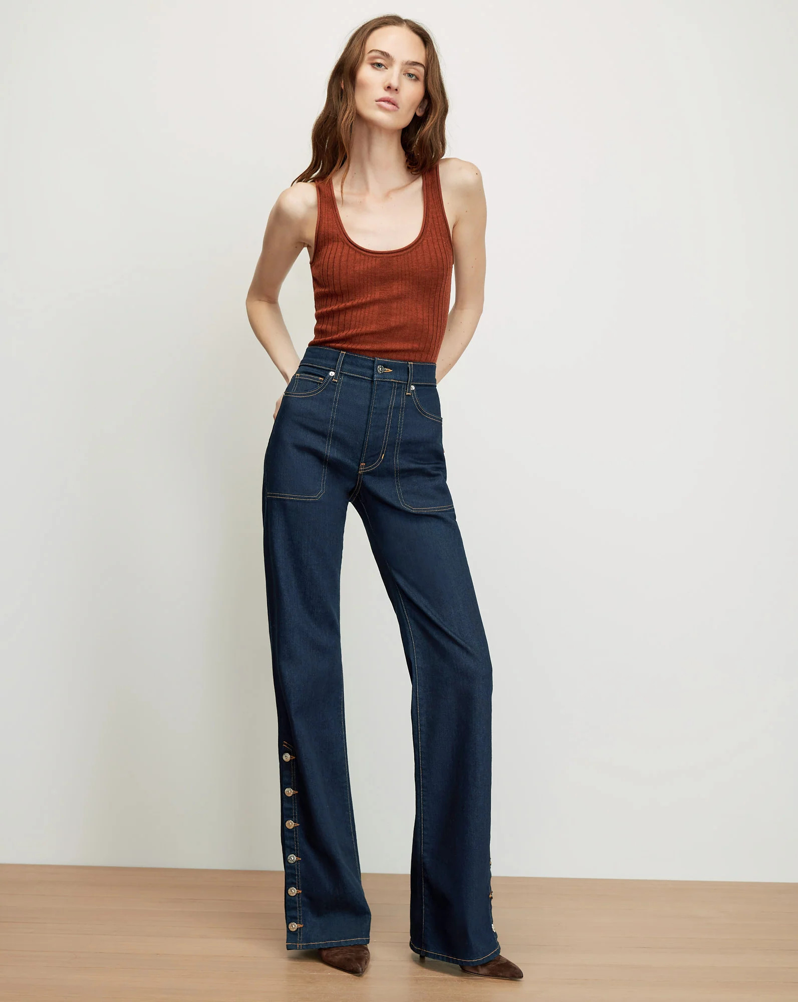Crosbie Slim Wide-Leg Button-Seam Jean in Indigo Denim Rinse | Veronica Beard | Veronica Beard