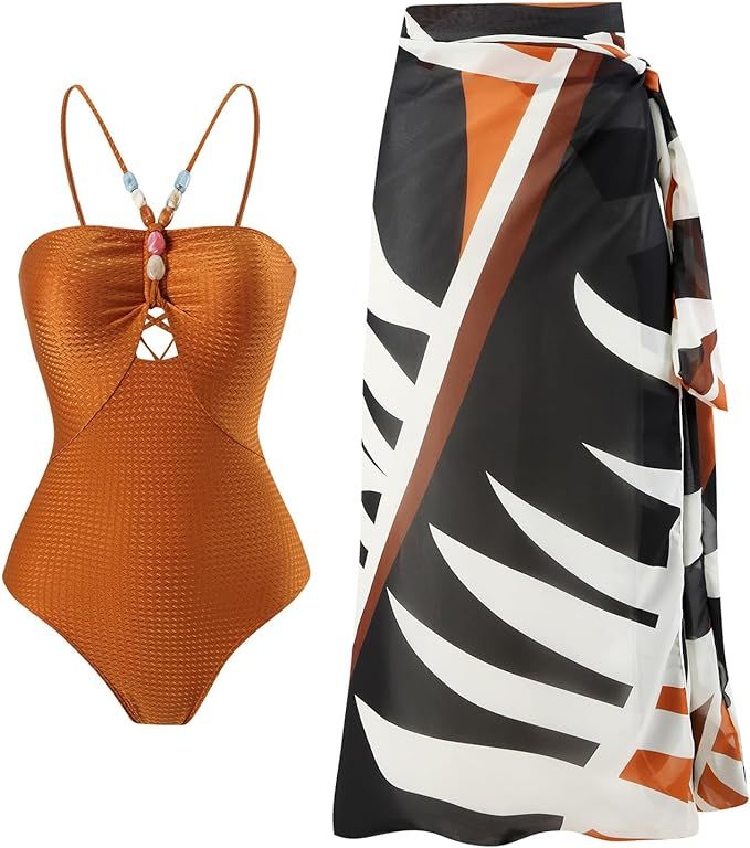 IMEKIS Women One Piece Swimsuit with Sarong Set 2024 Trendy Halter Lace Up Swimwear Colorblock Co... | Amazon (US)