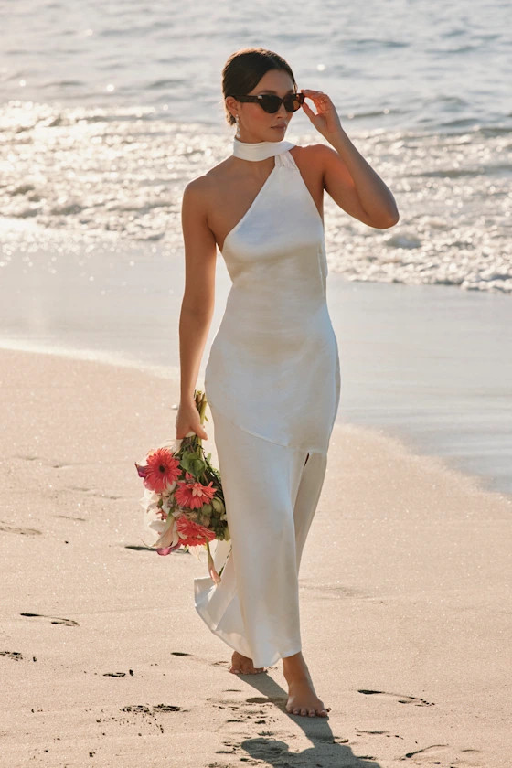 Reglan White Satin One-Shoulder Sash Midi Dress | Lulus