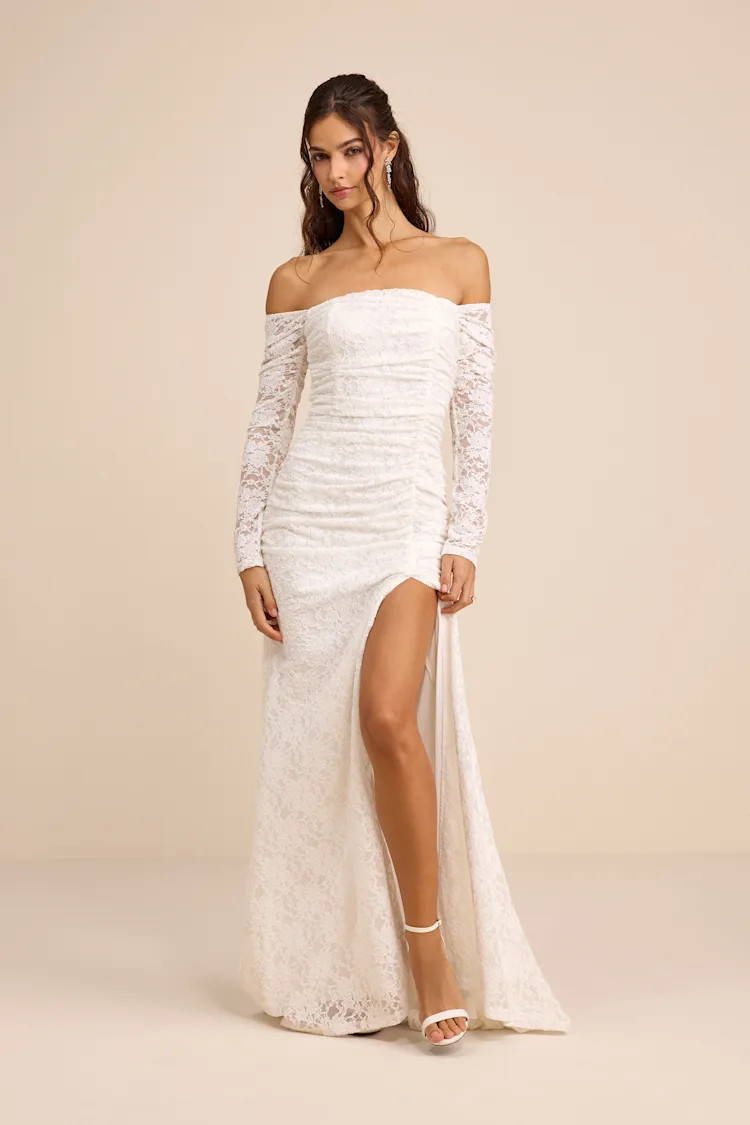 Jolena White Lace Off-the-Shoulder Ruched Maxi Dress | Lulus
