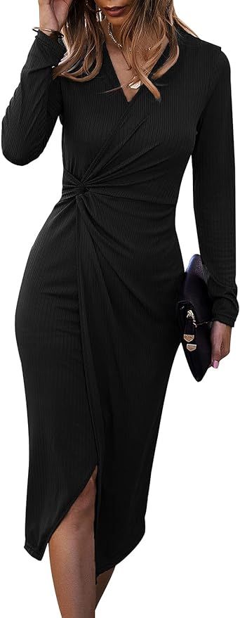SHIBEVER Women's Long Sleeve Dress: Midi Casual V Neck Dresses Twist Waist Ribbed Knit Bodycon Sl... | Amazon (US)