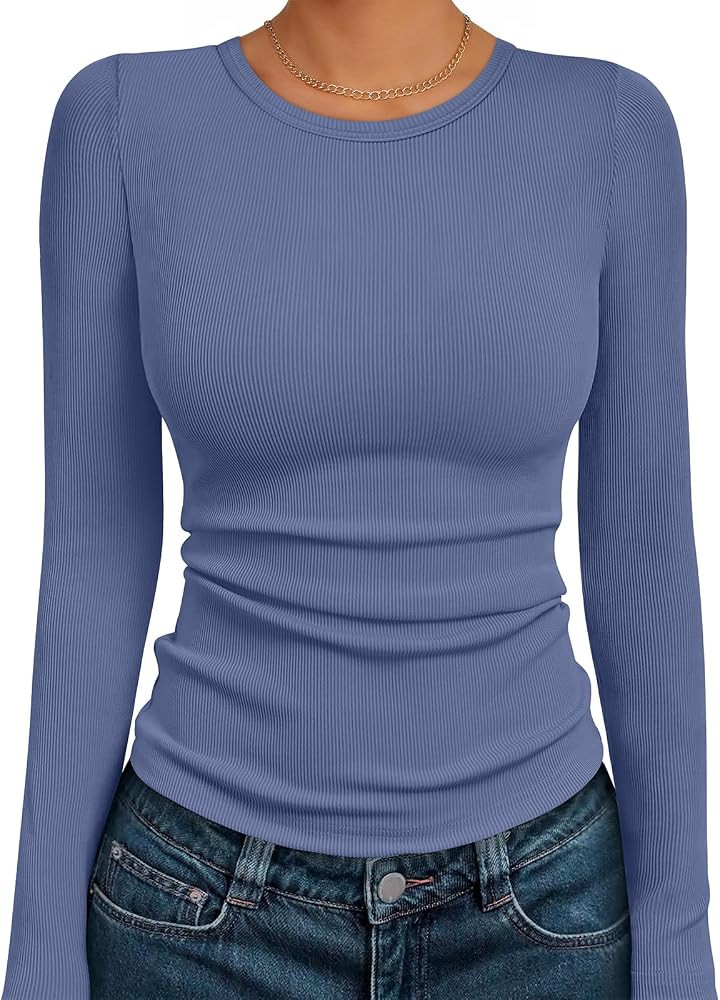AUTOMET Women's Ribbed Long Sleeve Basic Top - Soft Stretch Crewneck Shirt for Work & Casual | Amazon (US)