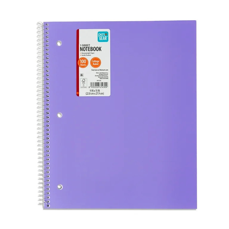 Pen + Gear College Ruled Poly 1-Subject Notebook with Inside Pockets, 9" x 11", Purple, 100 Heavy... | Walmart (US)