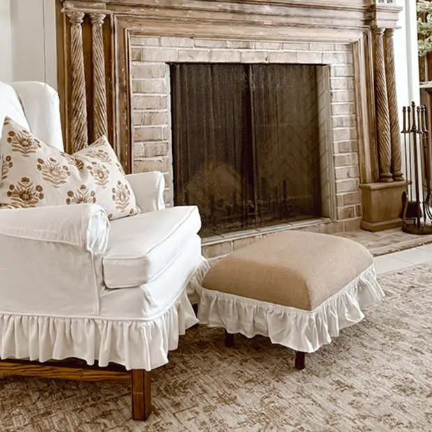 Ruffled Burlap Covered Footstool | Antique Farm House