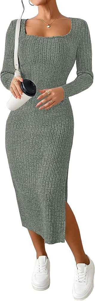 ETCYY NEW Womens Fall Dresses Square Neck Knitted Elastic Basic Spring Bodycon Versatile Slit Dre... | Amazon (US)