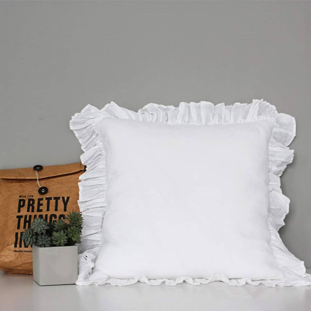 King Linens 100% French Linen Throw Pillow Covers - Set of 2 - Washed Flax Decorative Ruffled Squ... | Amazon (US)