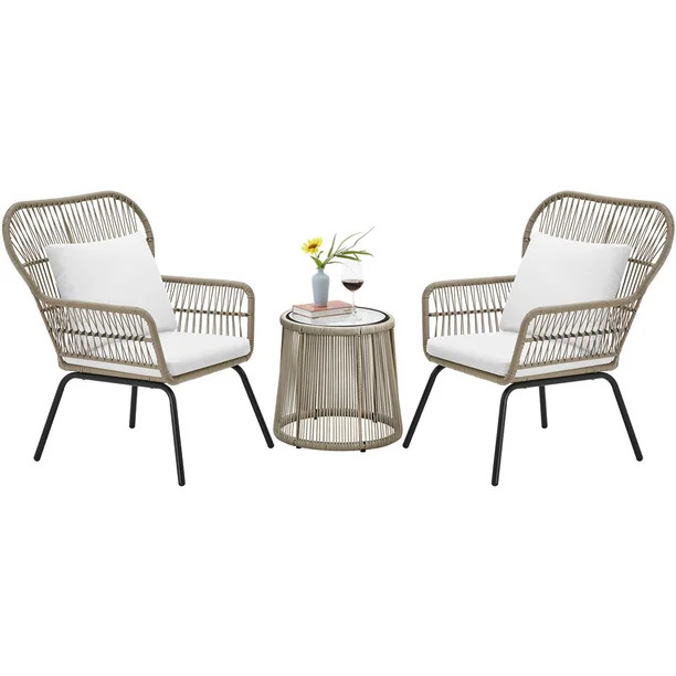 SMILE MART Outdoor 3-piece Synthetic Wicker Patio Set with Cushions, Tan | Walmart (US)