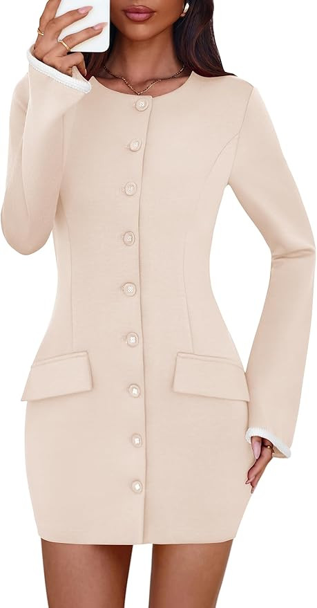 Lazysmile Women's Casual Dresses Long Sleeve Boat Neck Button Down Bodycon Mini Fall Party Club C... | Amazon (US)