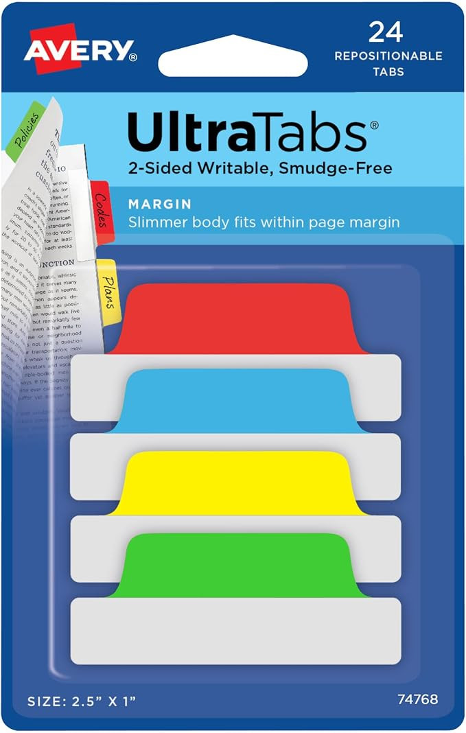 Avery\u00ae Margin Ultra Tabs\u00ae, 2.5" x 1", 2-Side Writable, Assorted Colors, 24 Repositionab... | Amazon (US)