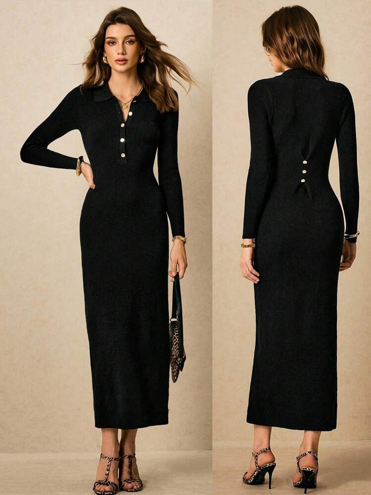 Poéselle Women's Black Sweater Dress,Elegant Long Sleeve Button Decoration Waist Dress For Autumn Winter,Simple Office Outfits Business Casual Work Clothes | SHEIN