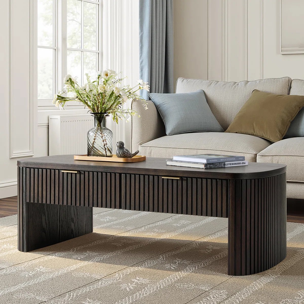 Kaybri Filipo Modern 46.5"W Fluted Solid Wood OAK Coffee Table with Storage | Wayfair North America