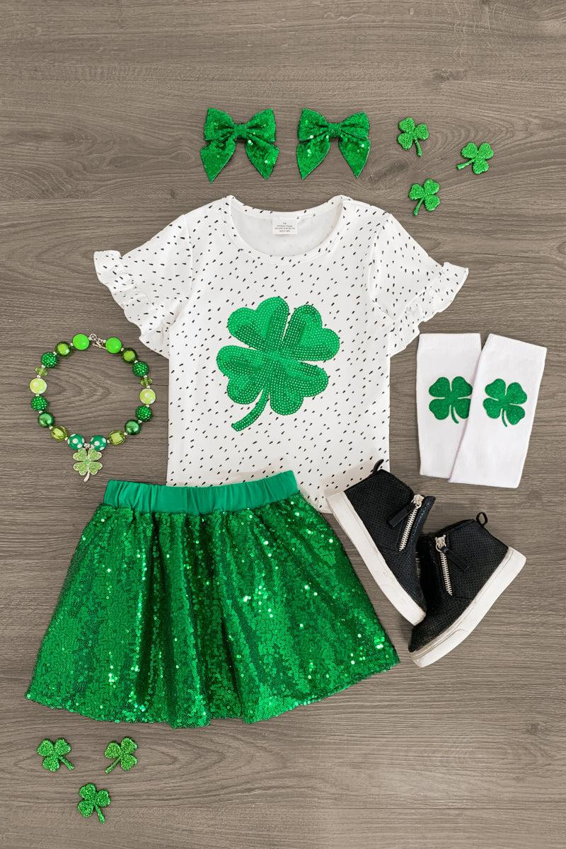 Green Sequin Shamrock Skirt Set | Sparkle In Pink