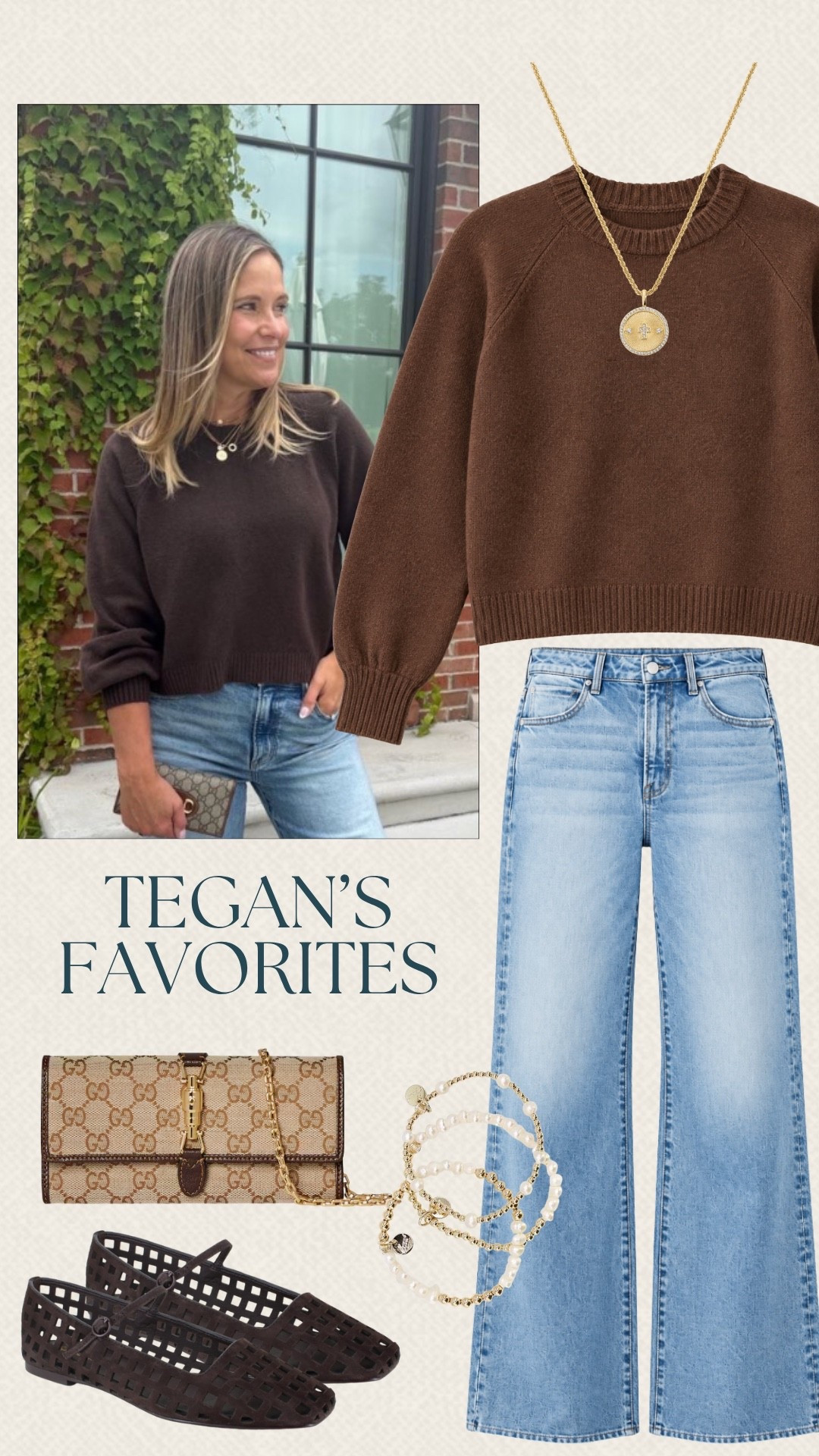 Tegan’s favorites are all about cozy fall style, with this Social Threads sweater paired with light-wash jeans and a Gucci bag. I love the rich brown with the soft denim and pretty jewelry. This would be so cute for lunch, shopping, or a fall day out.

#LTKSeasonal #LTKOver40 #LTKMidsize