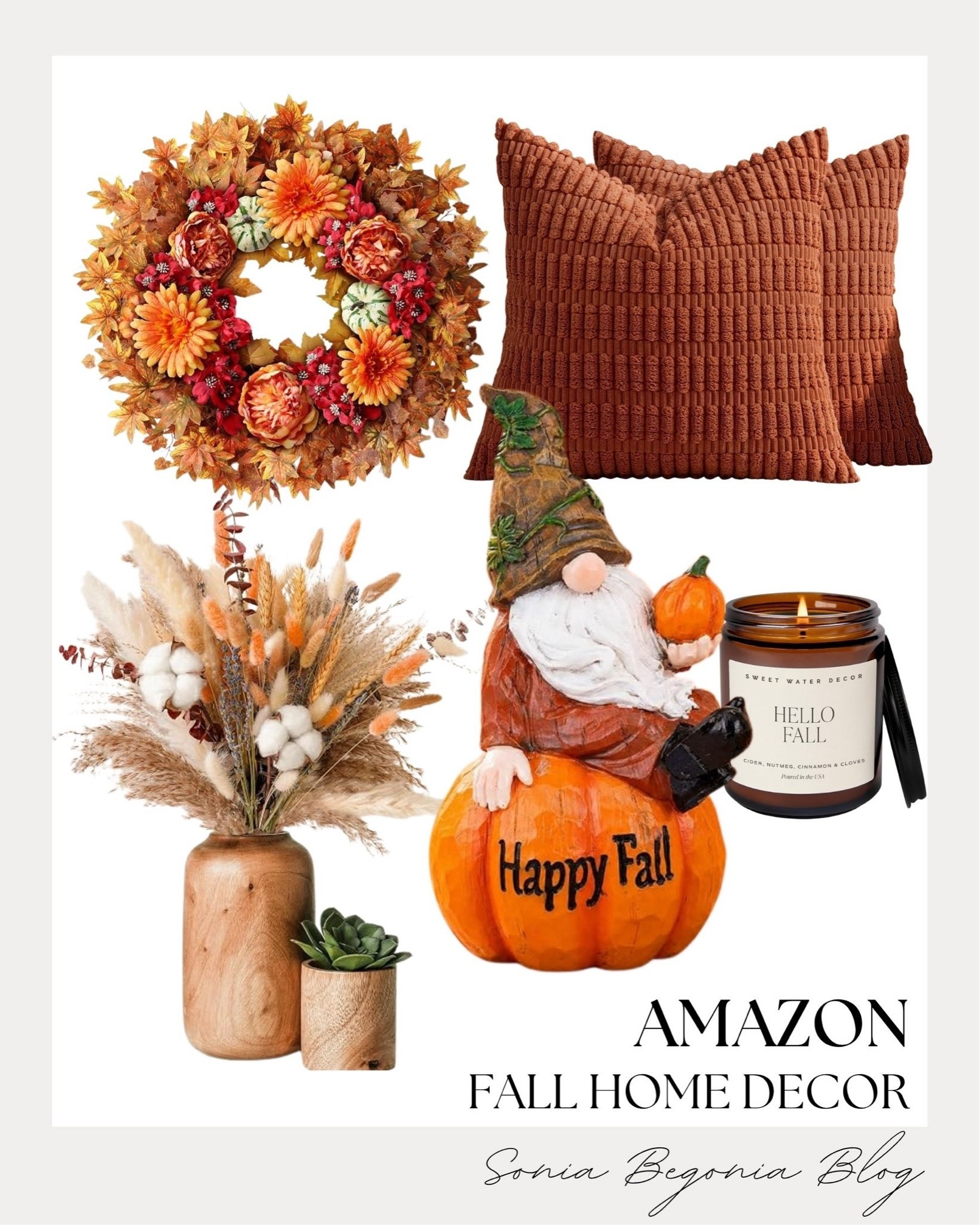 Cozy Amazon fall home decor finds! 🍂 I selected a vibrant autumn wreath, textured rust throw pillows, and a dried floral arrangement in a wooden vase.
I also added a cute "Happy Fall" gnome figurine, a warm scented candle, and a small wooden planter to complete the cozy seasonal setup. ✨