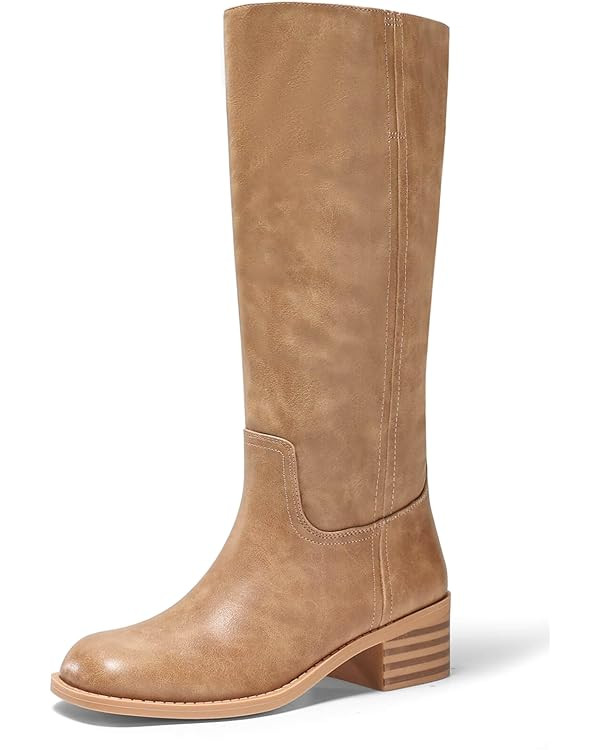 Coutgo Women's Knee High Boots Square Toe Chunky Block Heel Tall Boots Comfortable Low Heel Shoes | Amazon (US)