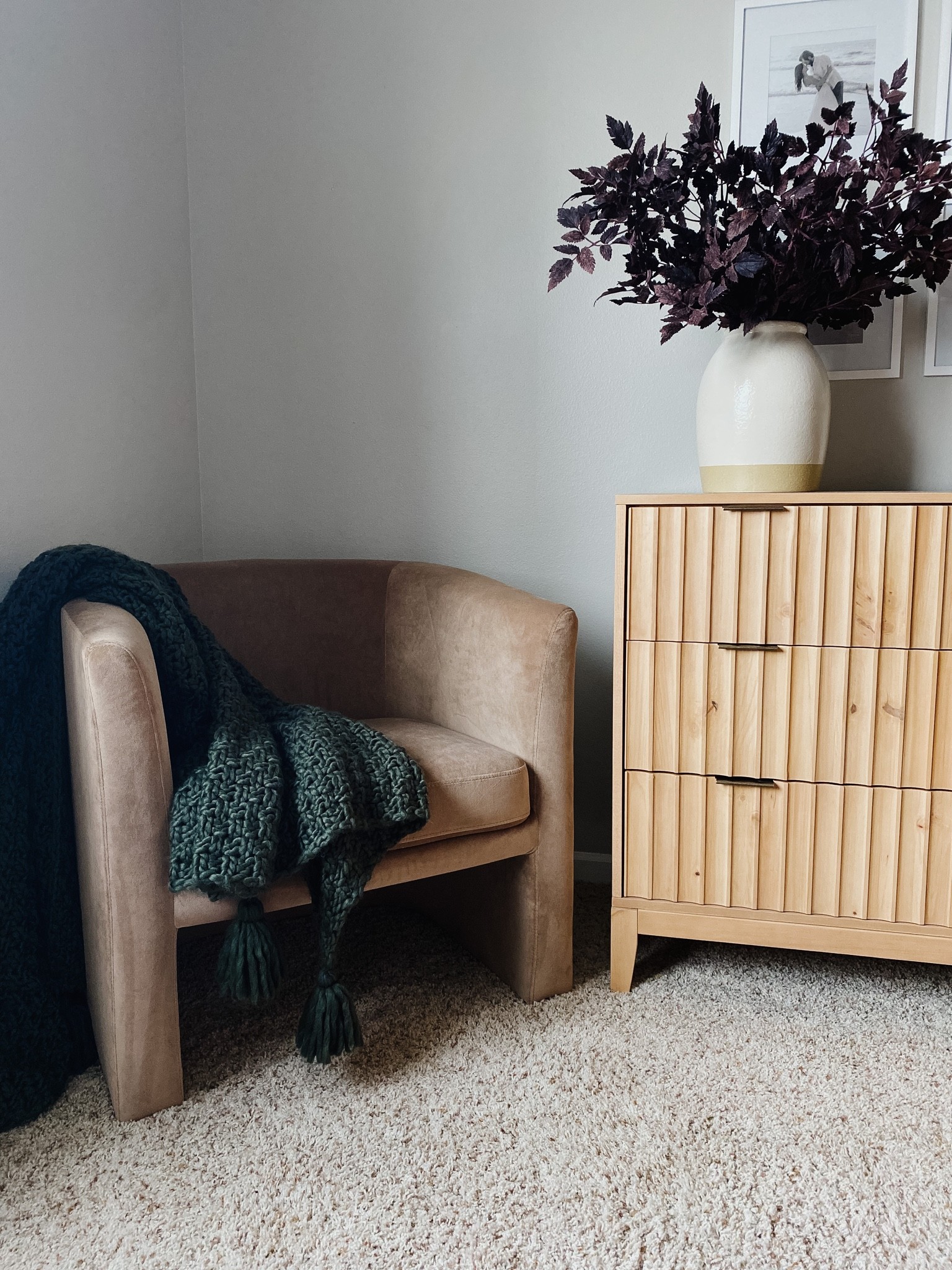 Bedroom corner. Fall styling. Fall bedroom decor. Scalloped dresser. Barrel accent chair. Velvet chair. Studio McGee. Target decor. 

#LTKstyletip #LTKSeasonal #LTKhome