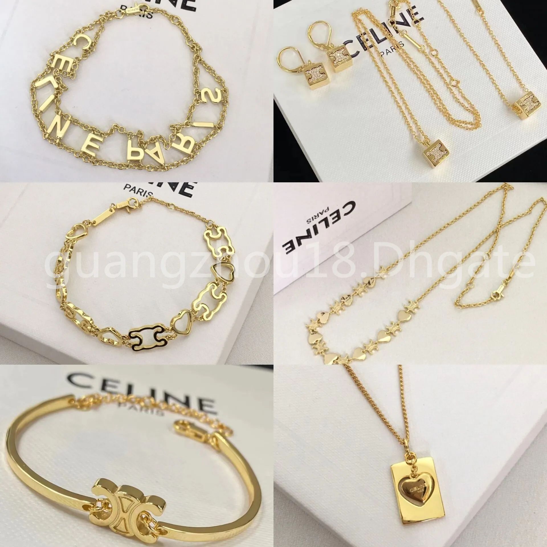 Ce Line Fen Di Dupe Gold Mini Square Pendant Bracelet Necklace Earrings And Triumphal Logo Bracel... | DHGate