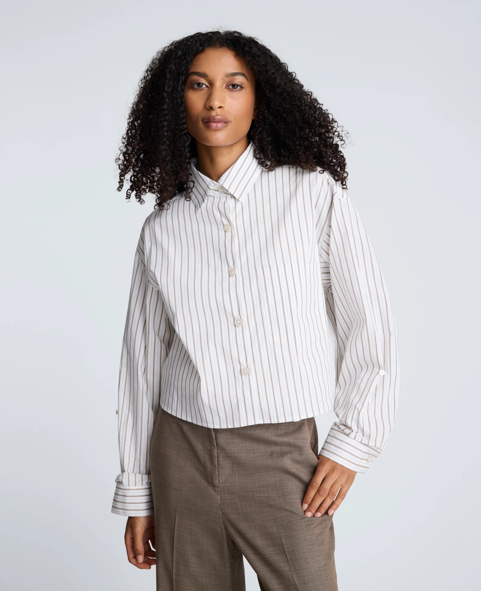 Kenneth Cole | Striped Cotton Poplin Button Front Cropped Shirt in BEIGE BRONZE/PURE WHITE, Size: M | Kenneth Cole