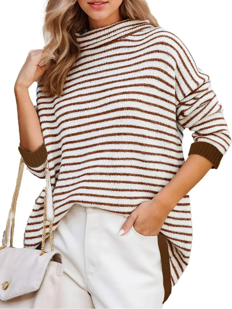 Weardear Womens Turtleneck Pullover Sweaters 2024 Striped Warm Long Sleeve Knit Tunic Jumper Tops | Walmart (US)