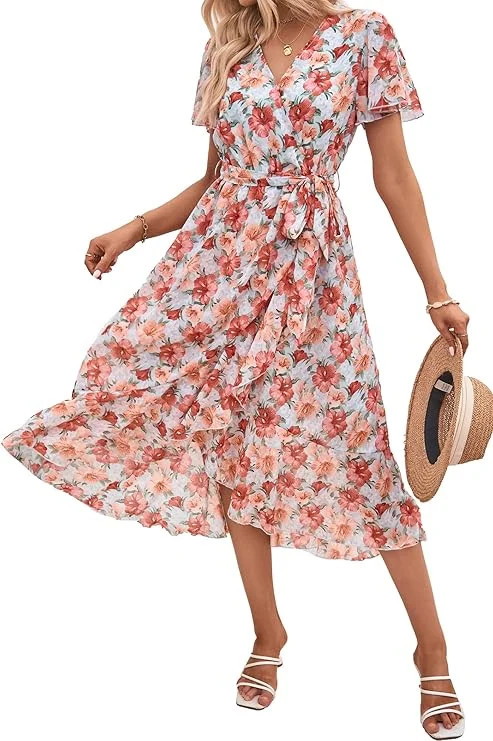 PRETTYGARDEN Women's Floral Boho Dress Wear To Work Wrap V Neck Short Sleeve Belted Ruffle Hem A-... | Walmart (US)