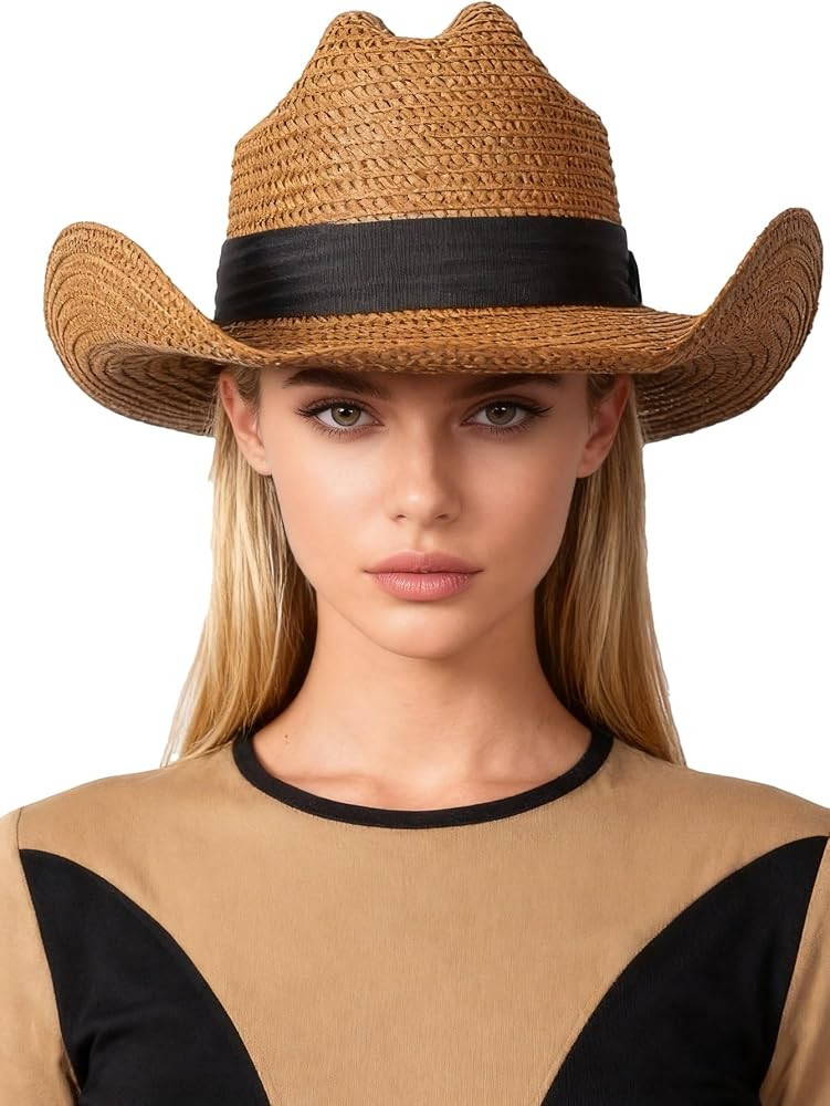 HIMESPORT Straw Western Cowboy Hat for Women Wide Brim Hat Straw Beach Hat Outfit Hats For Women | Amazon (US)