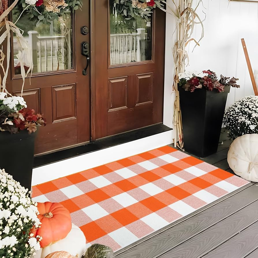 LEEVAN Buffalo Plaid Outdoor Rug Orange and White 24"x 51", Washable Halloween Door Mat, Thanksgi... | Amazon (US)