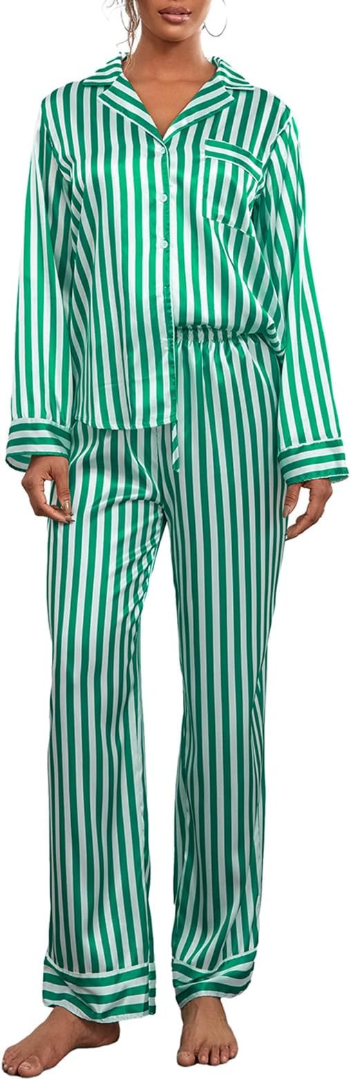 NUFIWI Women Christmas 2 Piece Pajamas Set Striped Printed Long Sleeve Button Down Shirt and Pant... | Amazon (US)