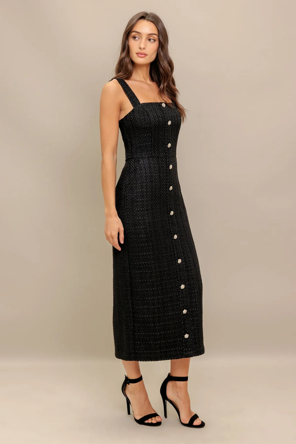 TEXTURED BLACK MIDI DRESS WITH OPEN BACK | Lady Black Tie