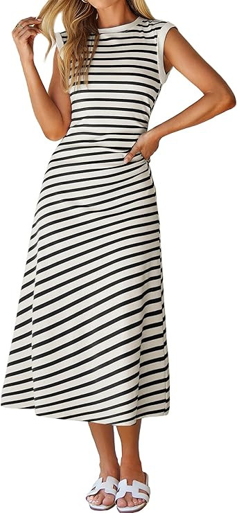 Glamaker Women Summer Tshirt Midi Dress Soft A Line Cap Sleeve Casual Sun Dress for Work Beach Va... | Amazon (US)