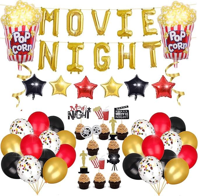 Cooper life Movie Night Decorations Popcorn Star Foil Balloons for Hollywood Oscar Themed, Movie ... | Amazon (US)