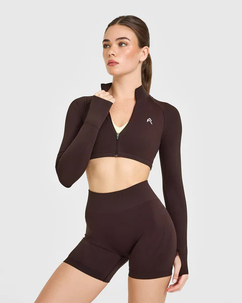 EnhanceLift™ Seamless Crop Jacket with White Logo 
 Plum Brown | Oner Active (UK / US)