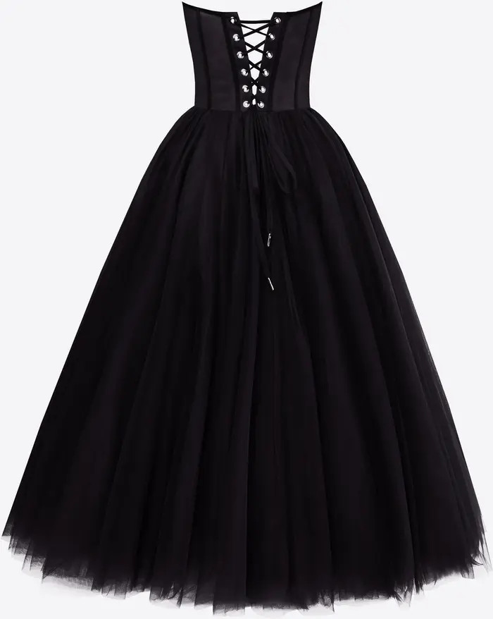 Black Strapless Puffy Midi Tulle Dress | Nordstrom