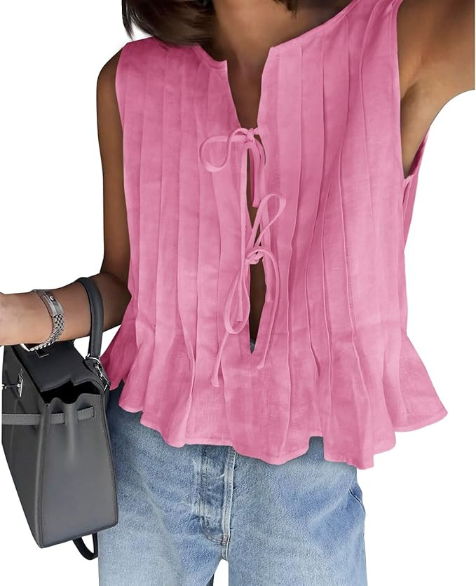 Cicy Bell Womens Bow Front Tie Tank Tops Pleated Babydoll Top Sleeveless Cute Coquette Shirt Summ... | Amazon (US)