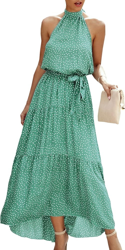 ECOWISH Women Dress Halter Neck Boho Floral Print Sleeveless Casual Backless Maxi Dresses | Amazon (US)