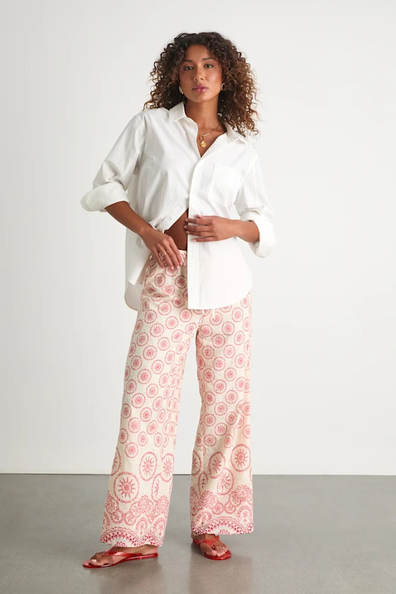 Brielle Ivory Boho Print Eyelet Embroidered Drawstring Pants | Lulus