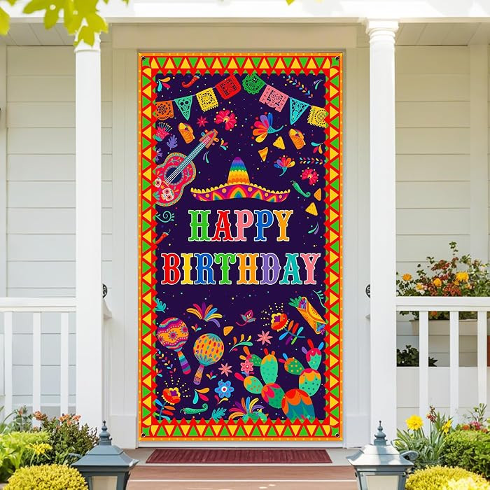 Happy Birthday Door Banner, Fiesta Mexican Cactus Birthday Backdrop Feliz Cumpleanos Yard Sign Ta... | Amazon (US)