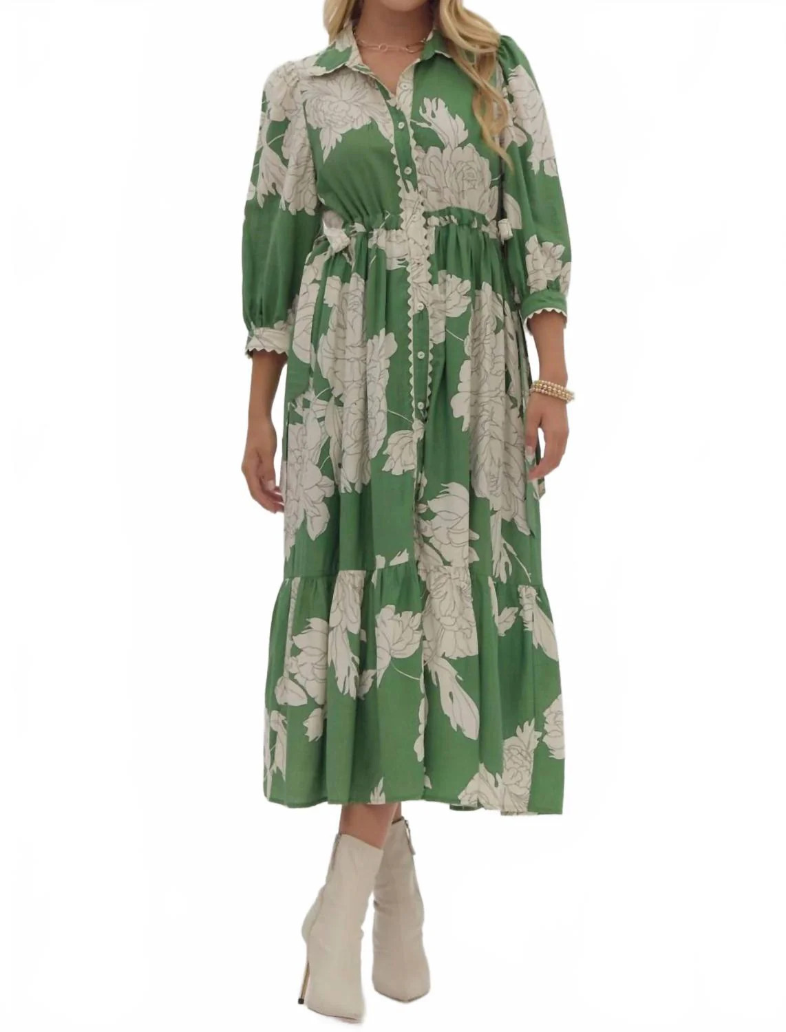 Floral Button-Up Midi Dress In Green | Shop Simon