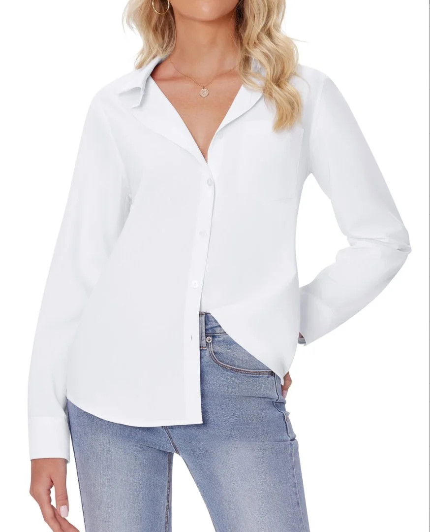 Siliteelon White Button Down Shirts for Women Long Sleeve Wrinkle Free Dress Shirts Work Office B... | Walmart (US)