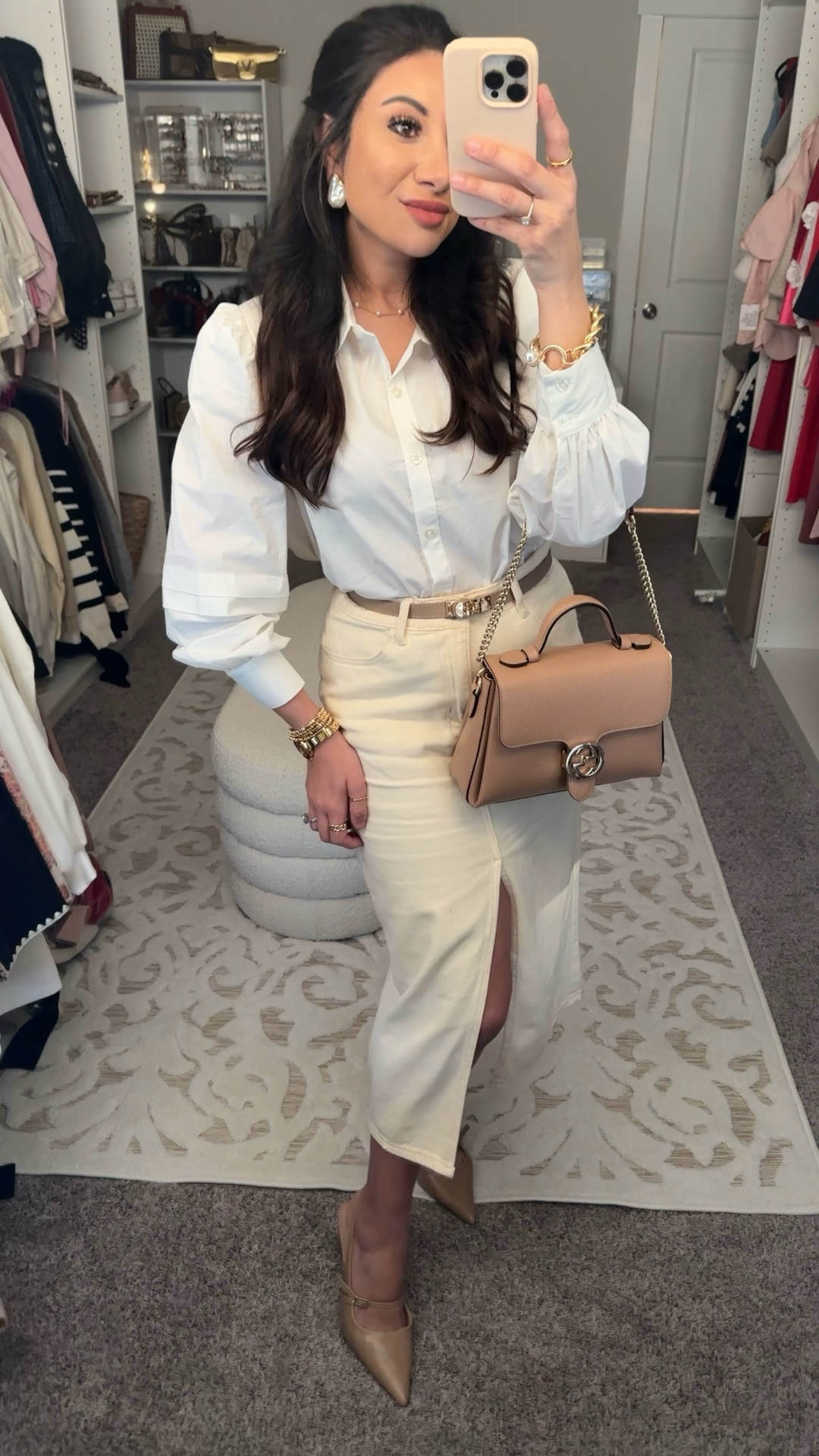 White button up collared shirt, cream / ivory jean denim split front midi skirt from Mango, currently on major sale, Hermes belt dupe from amazon, buckle slingback kitten heels under $20, tan Gucci dollar calfskin interlocking GG top handle medium shoulder bag. Paired with gold statement earrings, watch, necklace, & jewelry

✨STYLING TIP - A "cute outfit" is not always about pairing nice tops + bottoms only & is sometimes all about the accessories, details, + the way you wear it. 

visualize this one without these details & it would not be the same at all