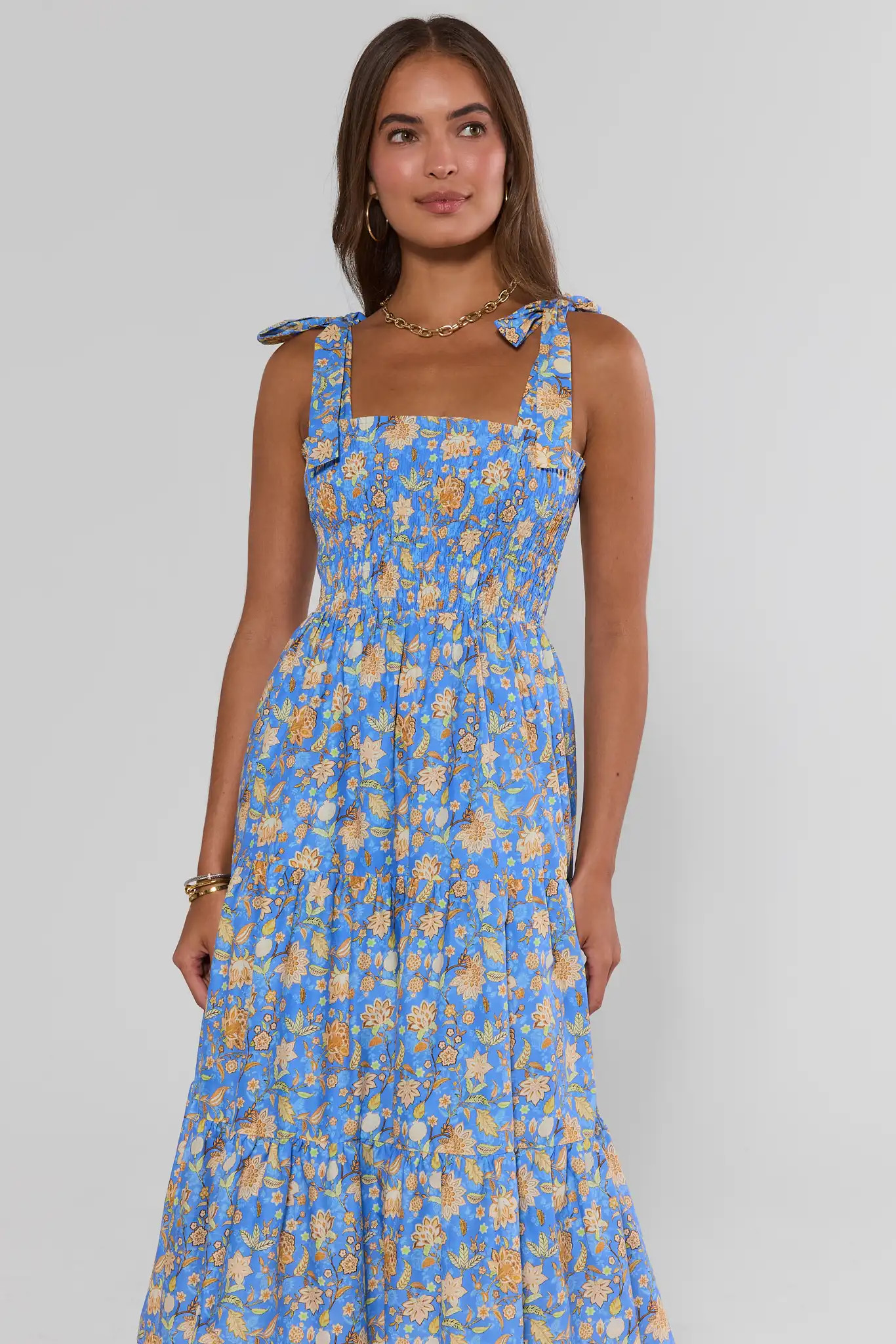 Blue Floral Smocked Maxi Dress | Avara