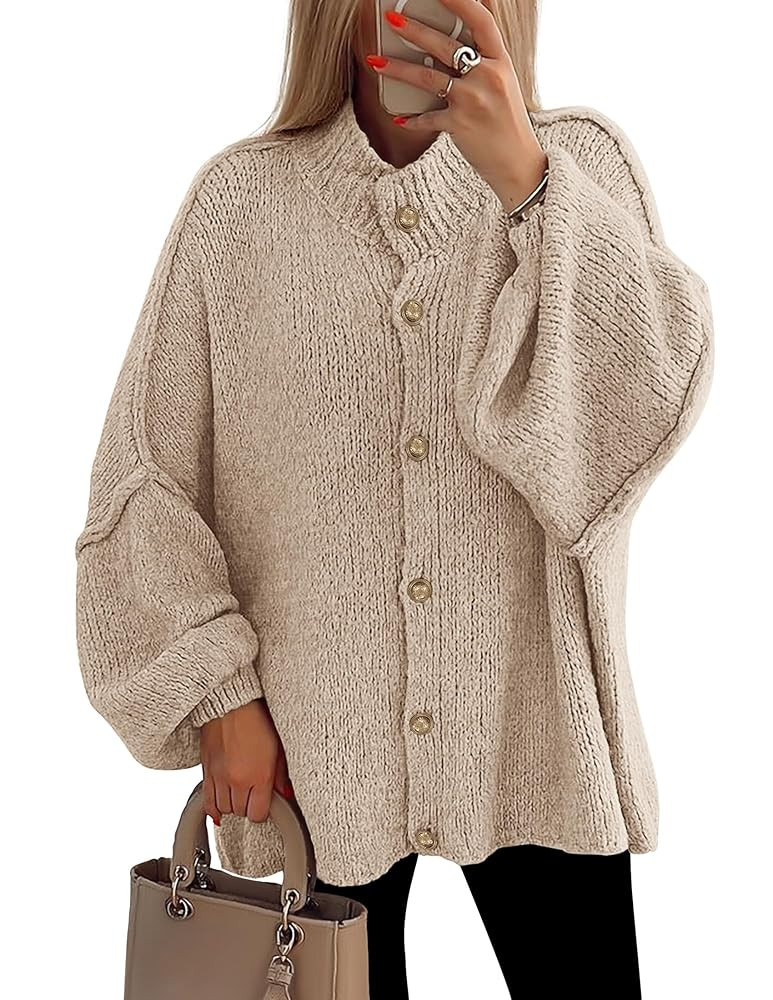 PRETTYGARDEN Women's Winter Button Down Cardigan Sweaters Mock Neck Lantern Long Sleeve Chunky Kn... | Amazon (US)