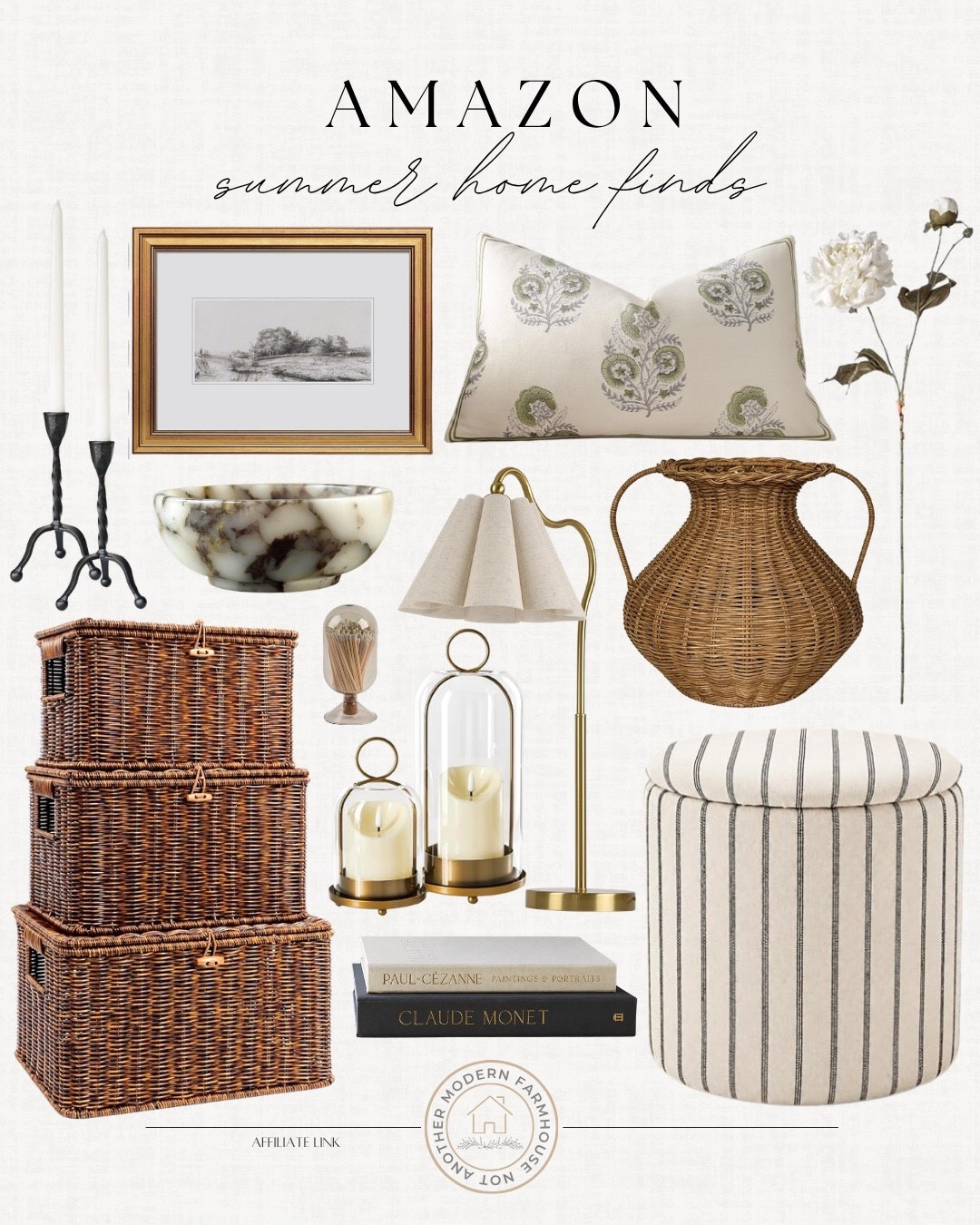 Summer home finds include ottoman, decorative books, stacked baskets, table lamp, candle hurricanes, wicker vase, floral stem, throw pillow, marble bowl, wall art, candle holder.

Home decor, looks for less, home accents, summer decor

#LTKHome #LTKSeasonal #LTKSaleAlert