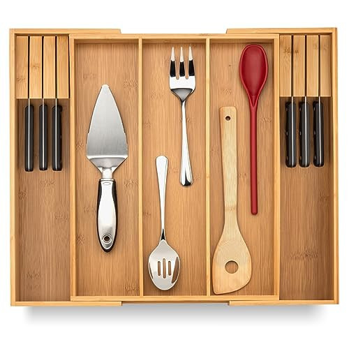 Purawood Kitchen Drawer Organizer with Knife Blocks - Utensil Drawer Organizer for Kitchen, Cutlery Tray & Silverware Organizer, 3-5 Slots - Bamboo Organizer for Utensils & Flatware (Natural) | Amazon (US)