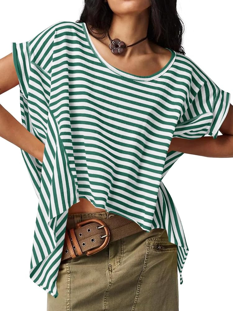 Tankaneo Womens Oversized Striped Tshirts Irregular Hem Batwing Short Sleeve Tops Summer Casual R... | Amazon (US)