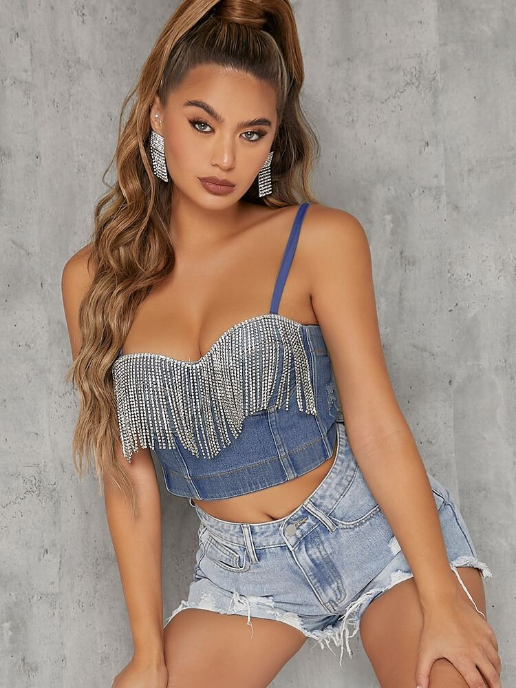 Denim Rhinestone Fringe Cami Crop Top | SHEIN