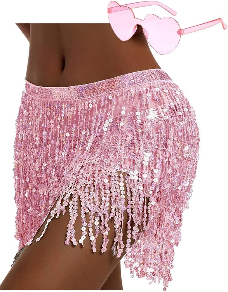 Sequin Skirt Fringe Skirt Belly Dance Hip Skirt Rave Party Costume Sparkle Skirt with Heart Sunglass | Amazon (US)