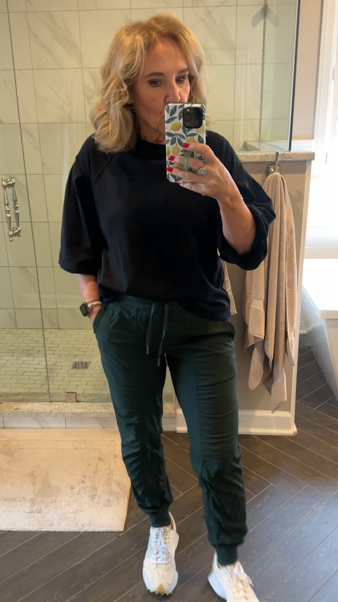 On Amazon sweatshirt size medium it is so good get it in whatever size is available or just order it and wait until it comes cause it’s so good
Lululemon dance joggers. I am in a six, but I would prefer the eight. They’re a little tighter in the bum than I like. But I still love them. This color may not be available. It’s from last fall. I wore them to Disney! 
New balance 327 are a nice sneaker for an athletic look but a fashion athletic look. I would not use these performance sneakers however I would walk all over New York City in them. 
And my Lululemon nose show socks. They’re the only ones that work on me.

#LTKActive #LTKTravel #LTKOver40