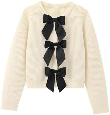 Chevara Women’s Bow Tie Knitted Cardigan Y2K Long Sleeve Crew Neck Fall Sweater | Amazon (US)
