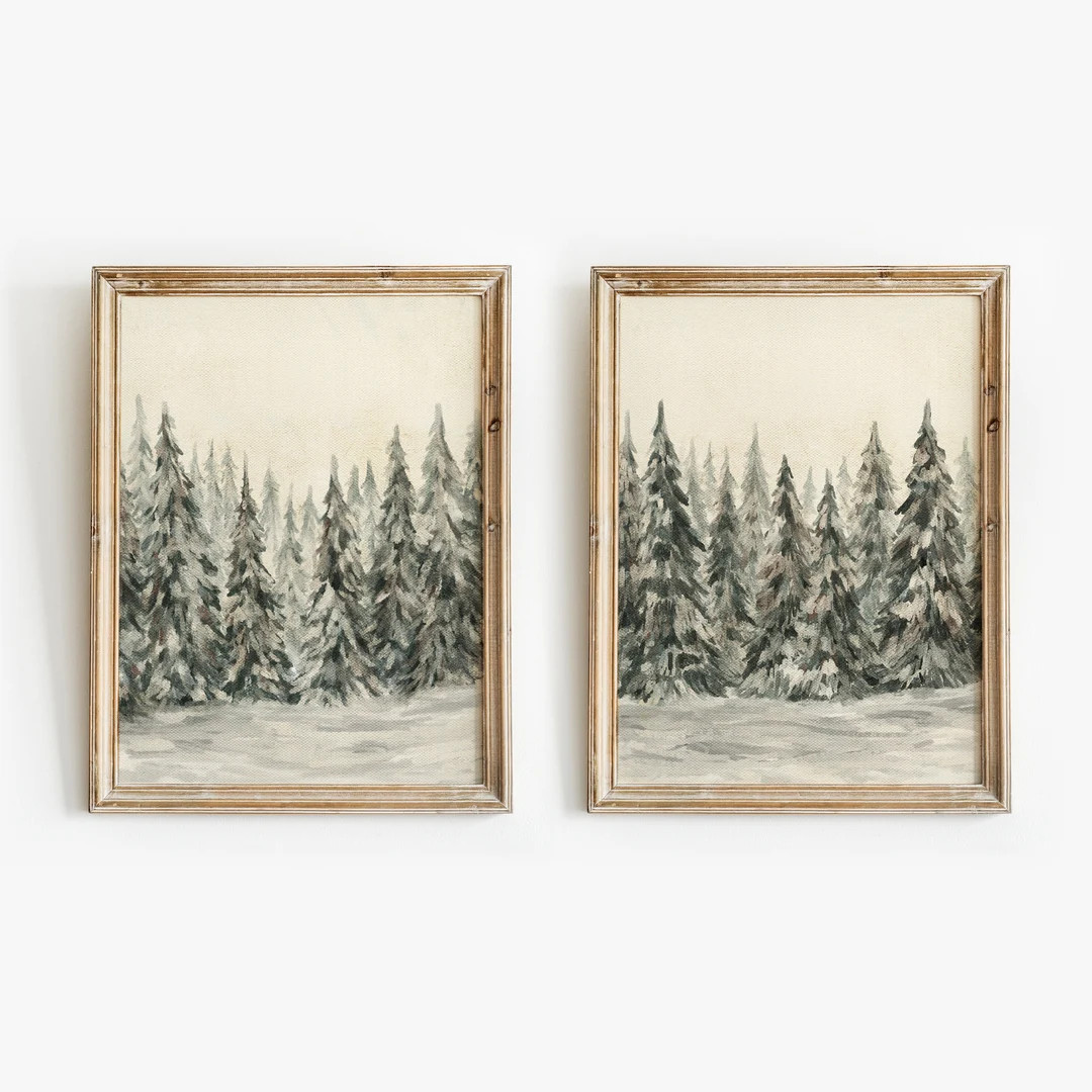 Set of 2 Winter Landscape Paintings, Rustic Christmas Print, Neutral Christmas Decor, Snowy Winte... | Etsy (US)